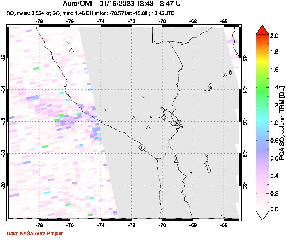 A sulfur dioxide image over Peru on Jan 16, 2023.