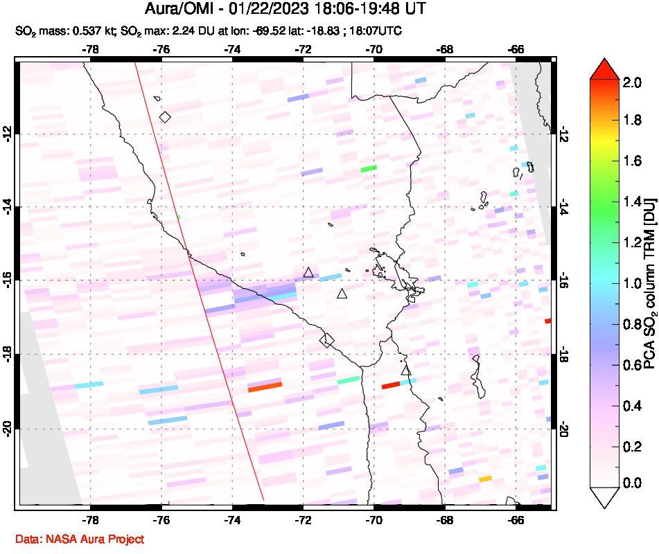 A sulfur dioxide image over Peru on Jan 22, 2023.