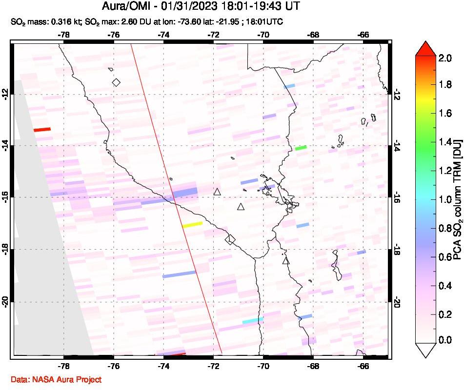 A sulfur dioxide image over Peru on Jan 31, 2023.