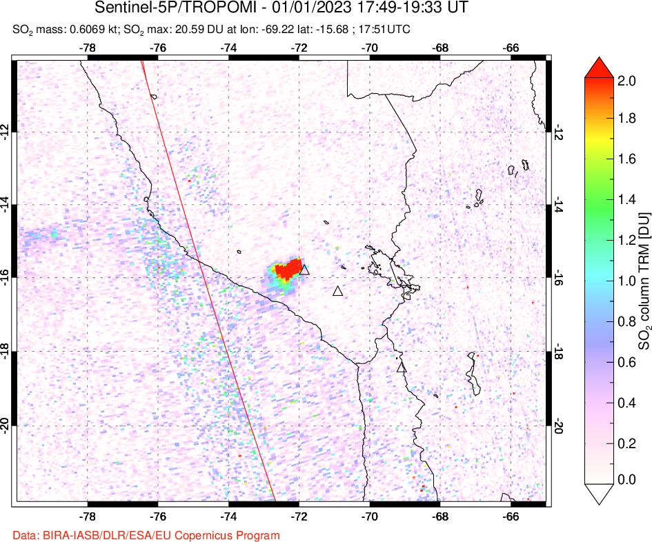 A sulfur dioxide image over Peru on Jan 01, 2023.