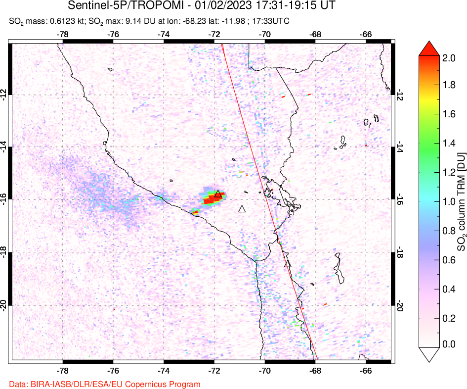 A sulfur dioxide image over Peru on Jan 02, 2023.