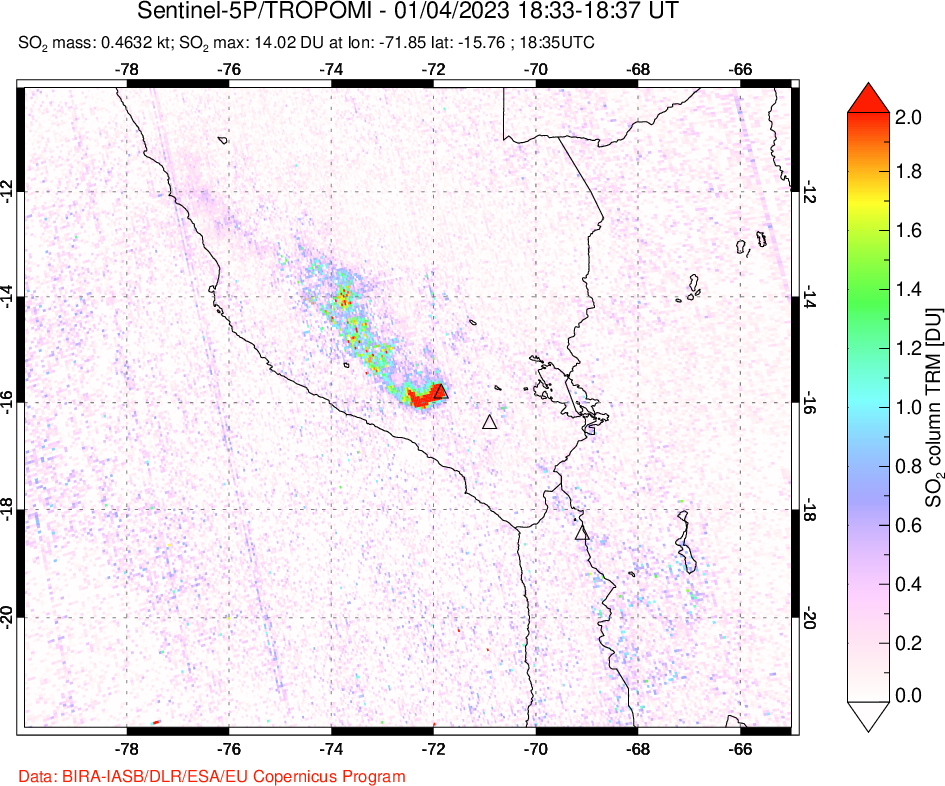 A sulfur dioxide image over Peru on Jan 04, 2023.