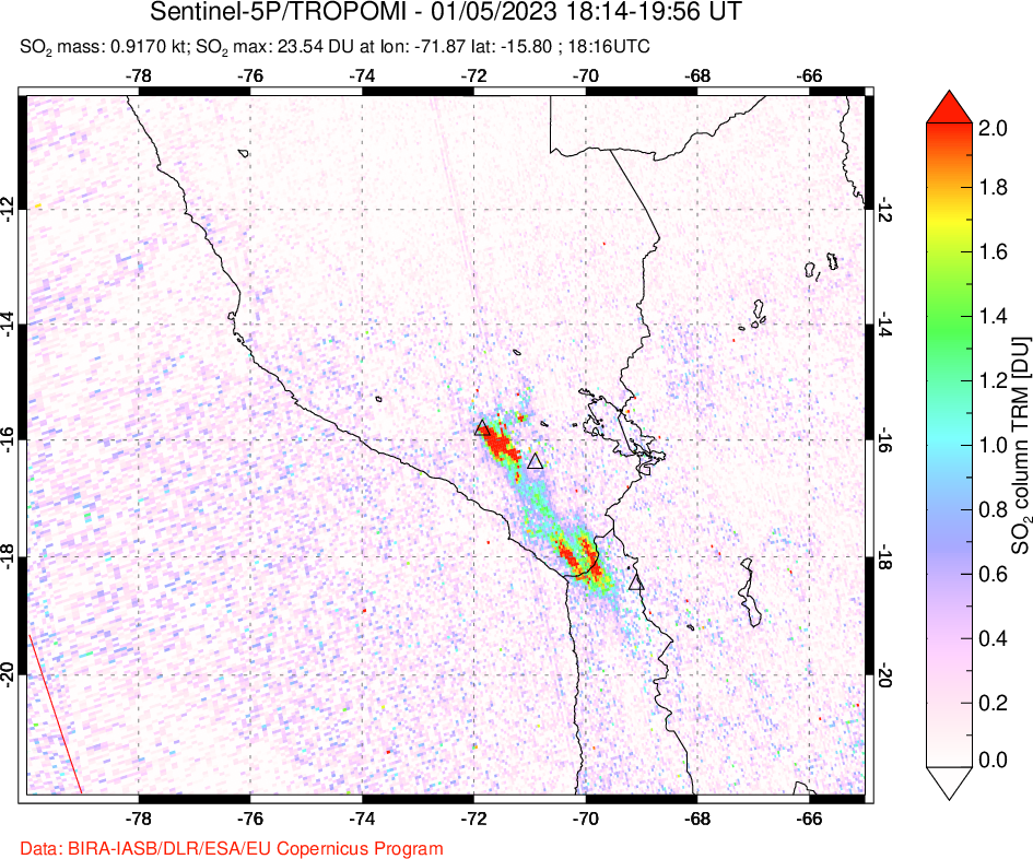A sulfur dioxide image over Peru on Jan 05, 2023.