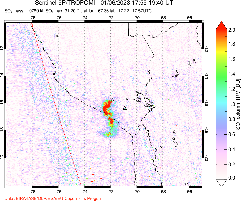 A sulfur dioxide image over Peru on Jan 06, 2023.