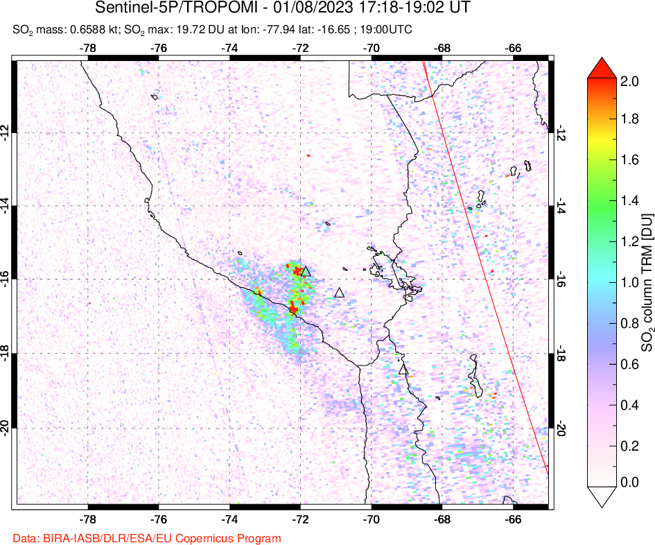 A sulfur dioxide image over Peru on Jan 08, 2023.