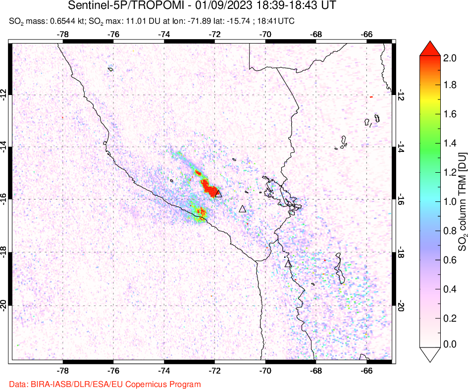 A sulfur dioxide image over Peru on Jan 09, 2023.