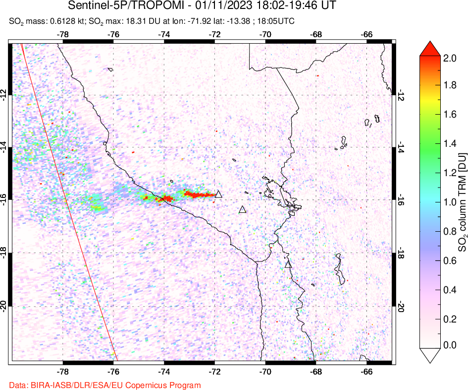 A sulfur dioxide image over Peru on Jan 11, 2023.