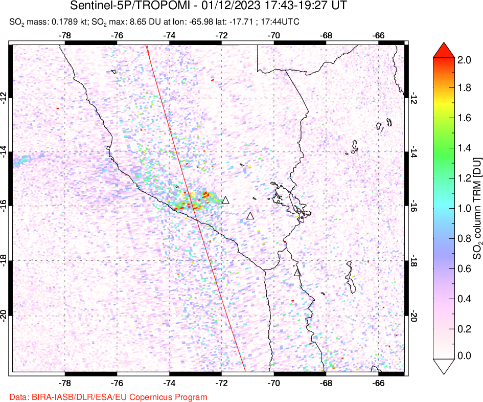 A sulfur dioxide image over Peru on Jan 12, 2023.