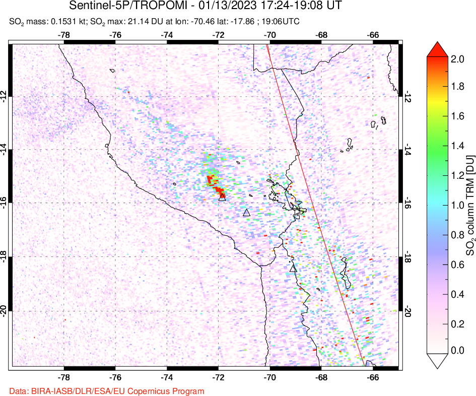 A sulfur dioxide image over Peru on Jan 13, 2023.