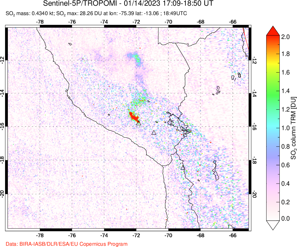 A sulfur dioxide image over Peru on Jan 14, 2023.