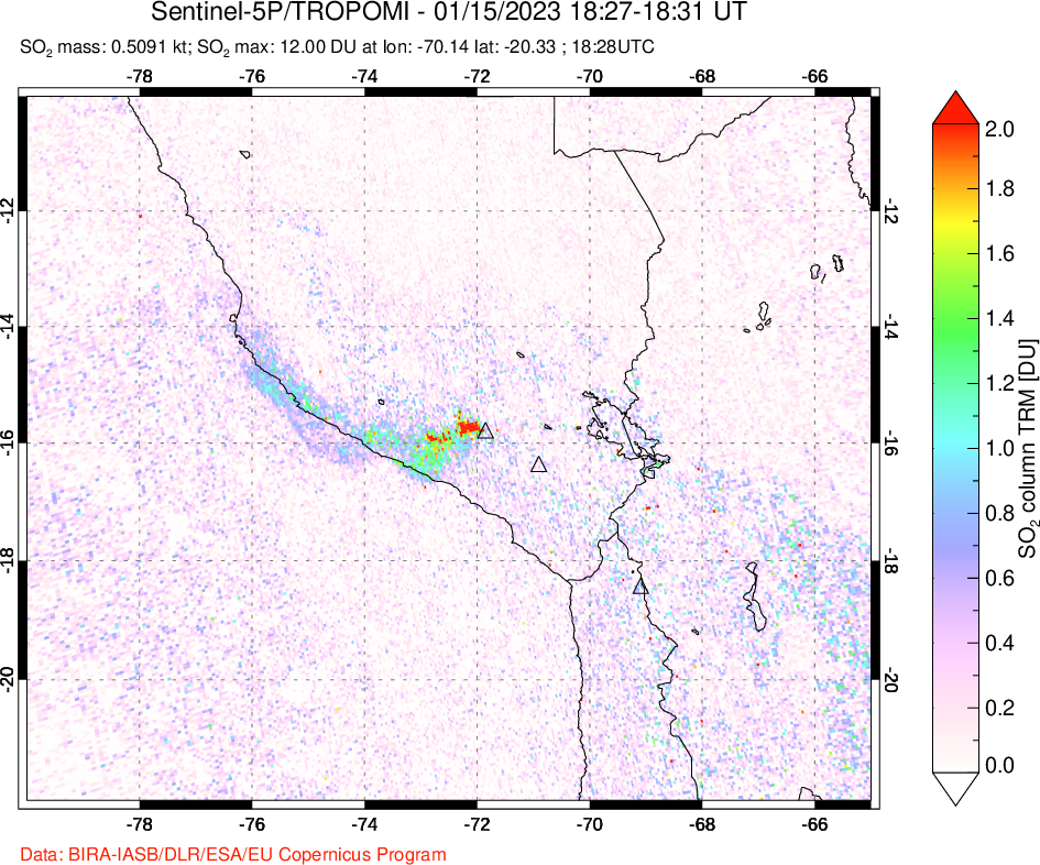 A sulfur dioxide image over Peru on Jan 15, 2023.
