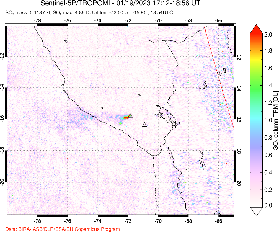 A sulfur dioxide image over Peru on Jan 19, 2023.