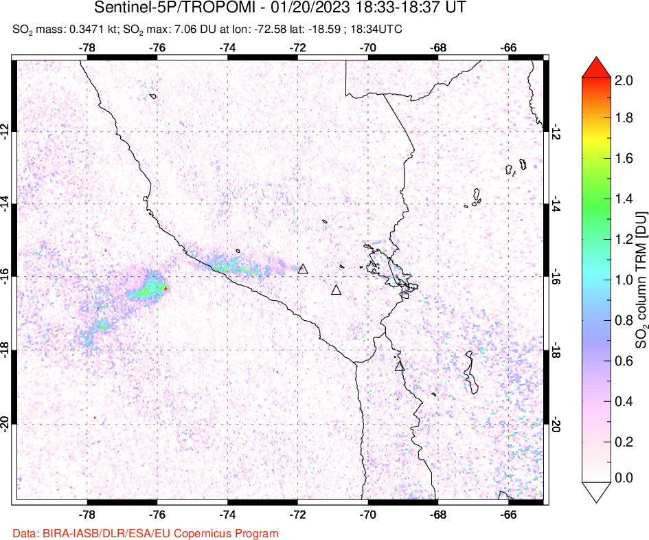 A sulfur dioxide image over Peru on Jan 20, 2023.