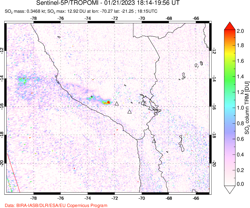 A sulfur dioxide image over Peru on Jan 21, 2023.