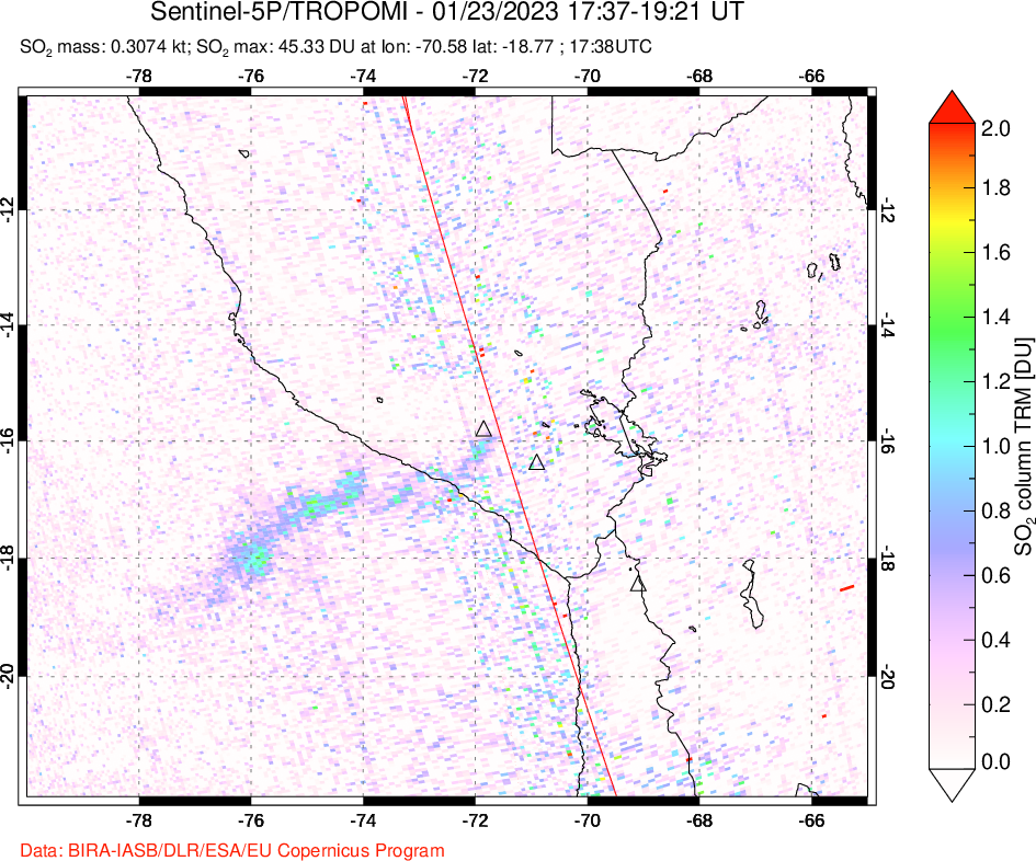 A sulfur dioxide image over Peru on Jan 23, 2023.