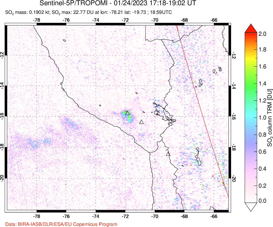 A sulfur dioxide image over Peru on Jan 24, 2023.