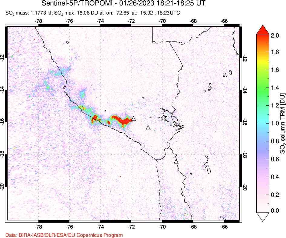 A sulfur dioxide image over Peru on Jan 26, 2023.