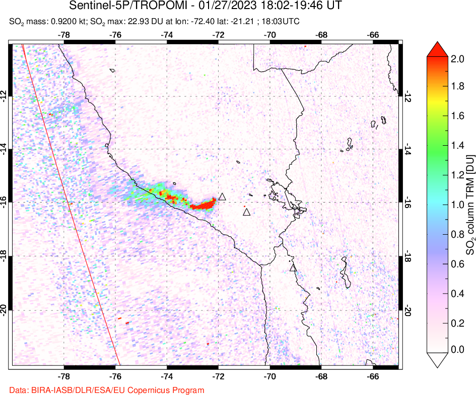 A sulfur dioxide image over Peru on Jan 27, 2023.