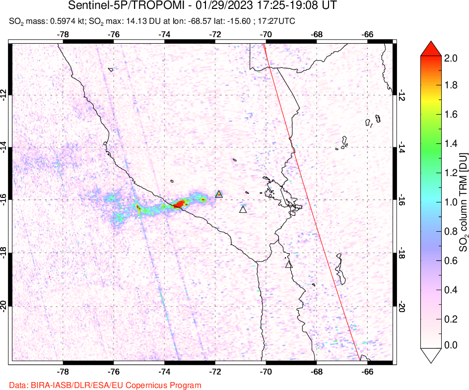A sulfur dioxide image over Peru on Jan 29, 2023.