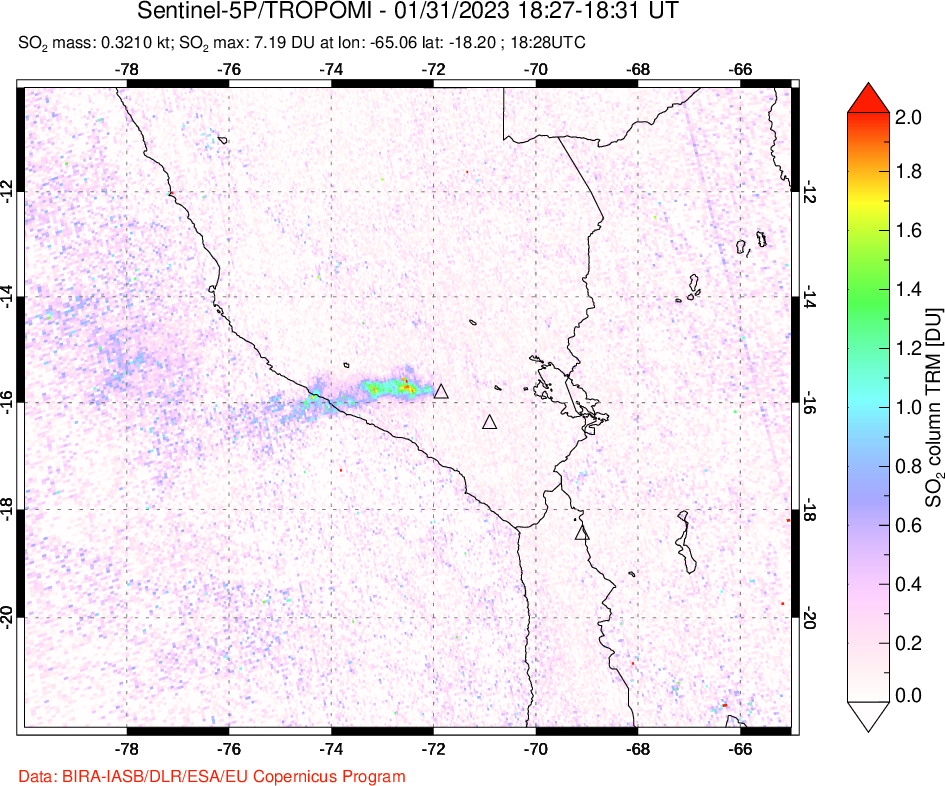 A sulfur dioxide image over Peru on Jan 31, 2023.