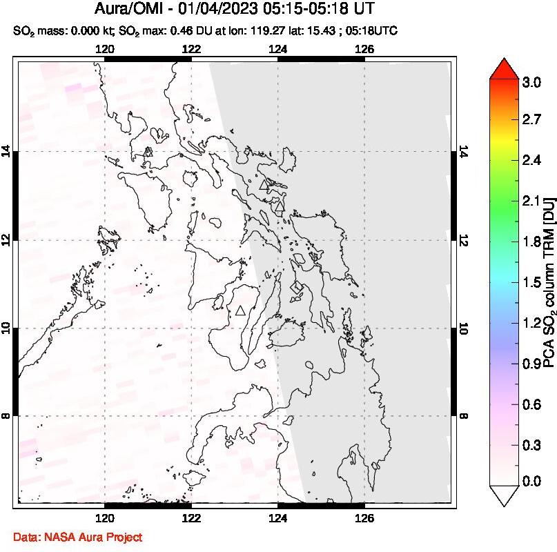 A sulfur dioxide image over Philippines on Jan 04, 2023.