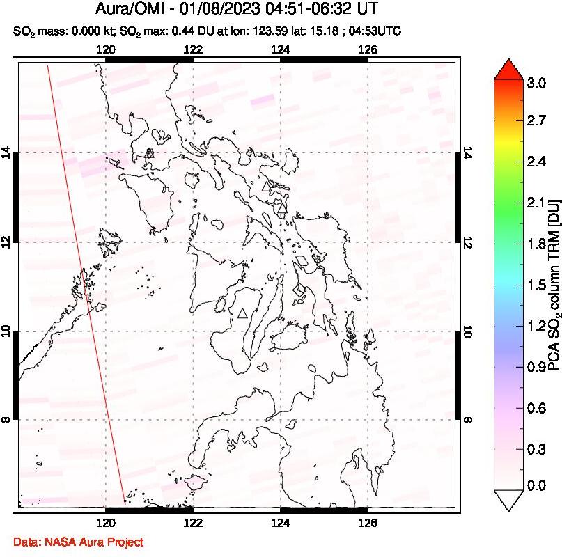 A sulfur dioxide image over Philippines on Jan 08, 2023.