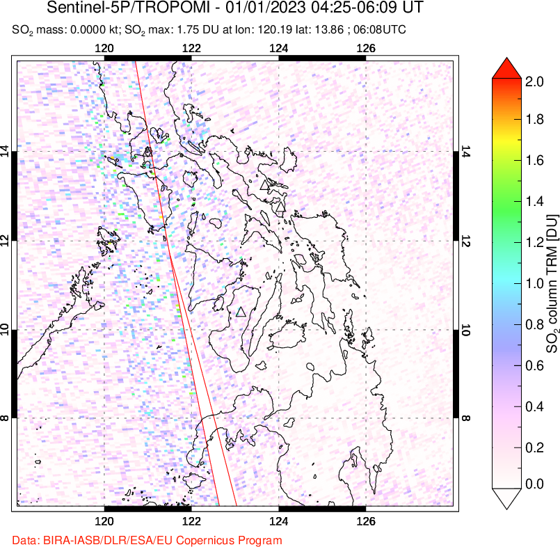 A sulfur dioxide image over Philippines on Jan 01, 2023.