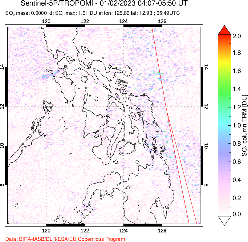 A sulfur dioxide image over Philippines on Jan 02, 2023.