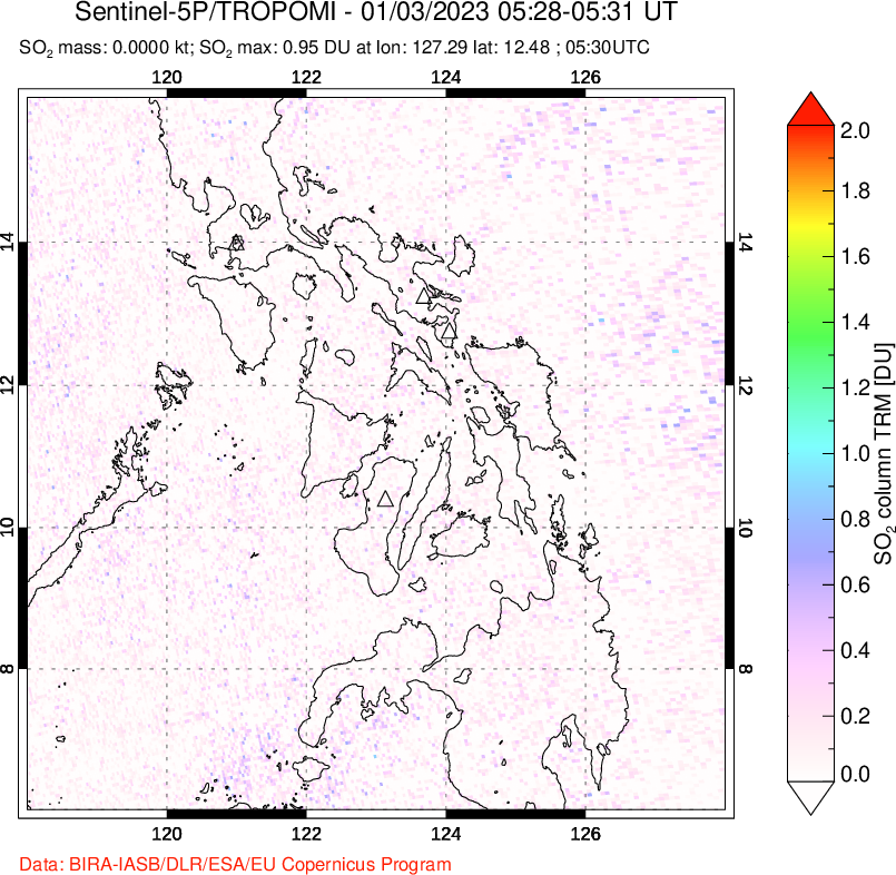 A sulfur dioxide image over Philippines on Jan 03, 2023.