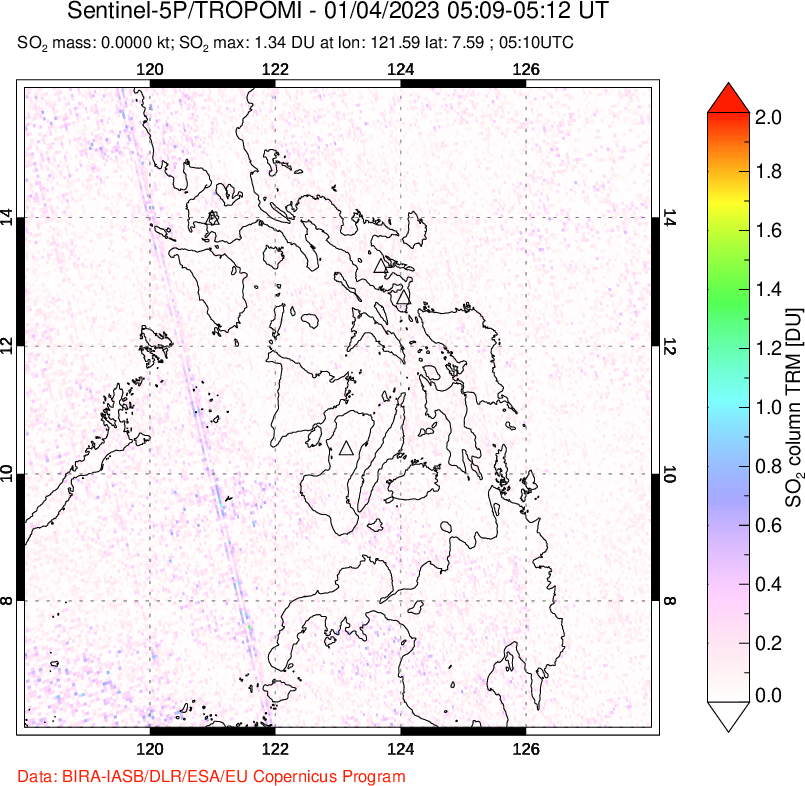 A sulfur dioxide image over Philippines on Jan 04, 2023.
