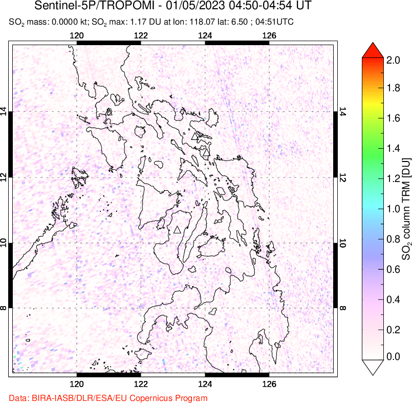 A sulfur dioxide image over Philippines on Jan 05, 2023.