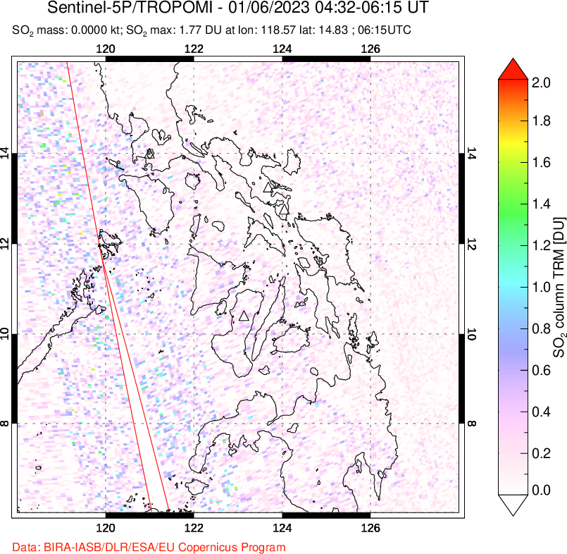 A sulfur dioxide image over Philippines on Jan 06, 2023.