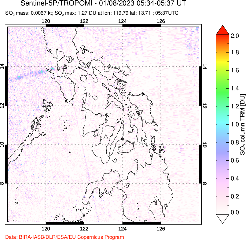 A sulfur dioxide image over Philippines on Jan 08, 2023.