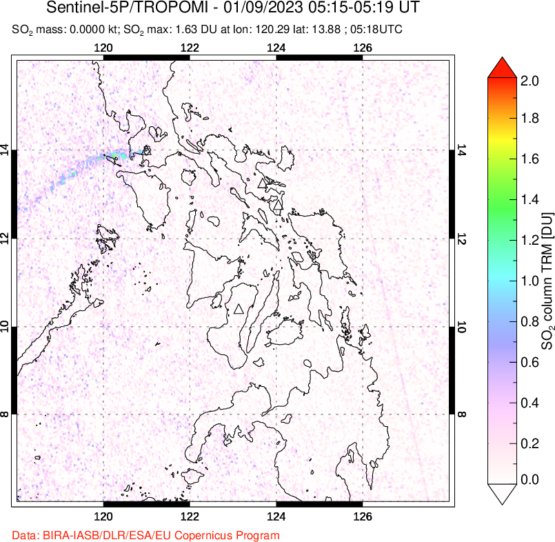 A sulfur dioxide image over Philippines on Jan 09, 2023.