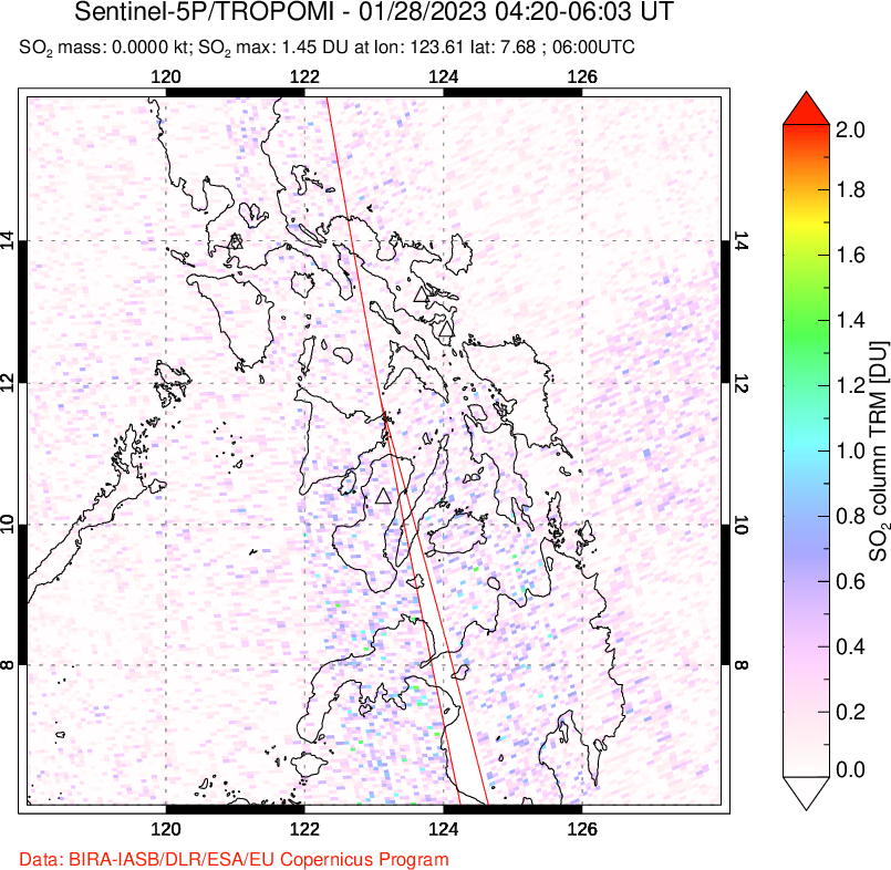 A sulfur dioxide image over Philippines on Jan 28, 2023.