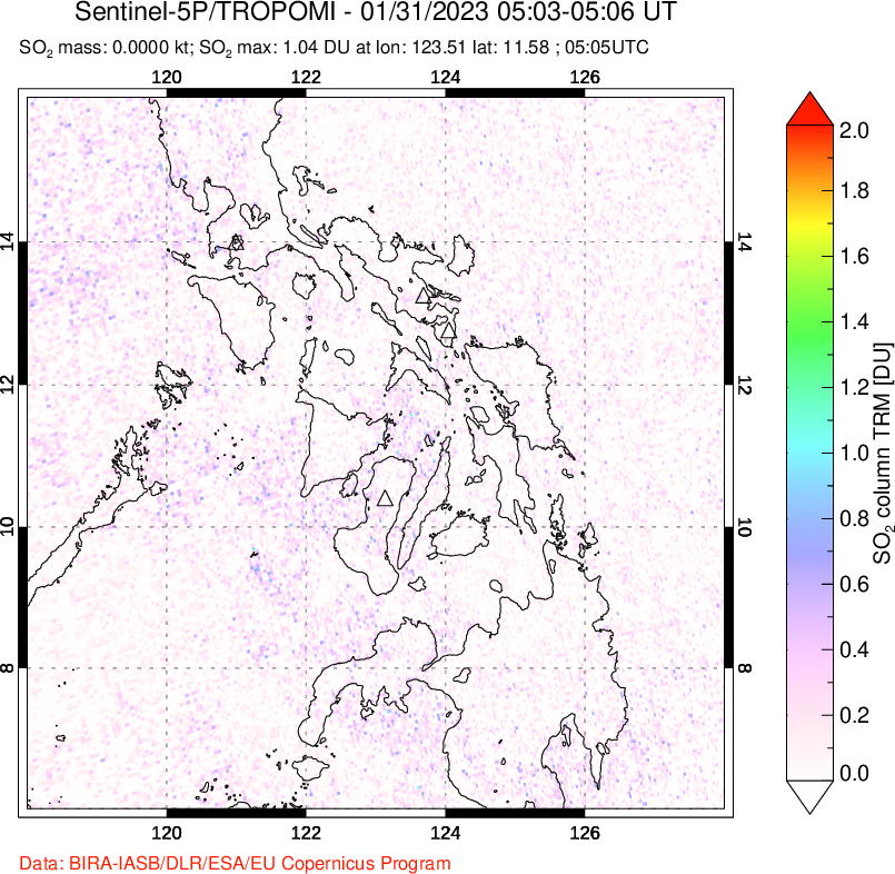 A sulfur dioxide image over Philippines on Jan 31, 2023.