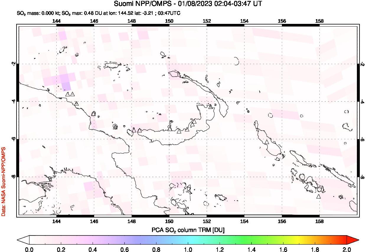 A sulfur dioxide image over Papua, New Guinea on Jan 08, 2023.