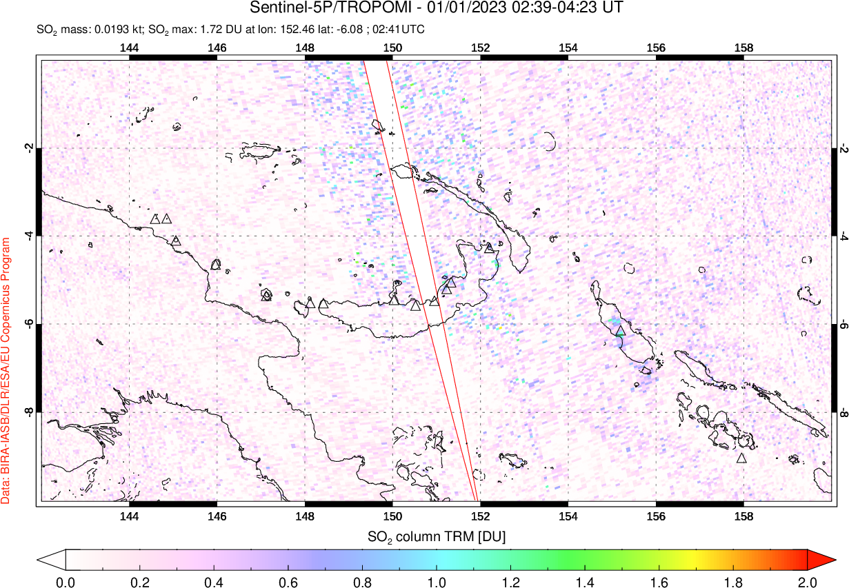 A sulfur dioxide image over Papua, New Guinea on Jan 01, 2023.