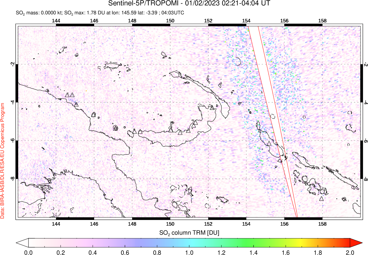 A sulfur dioxide image over Papua, New Guinea on Jan 02, 2023.