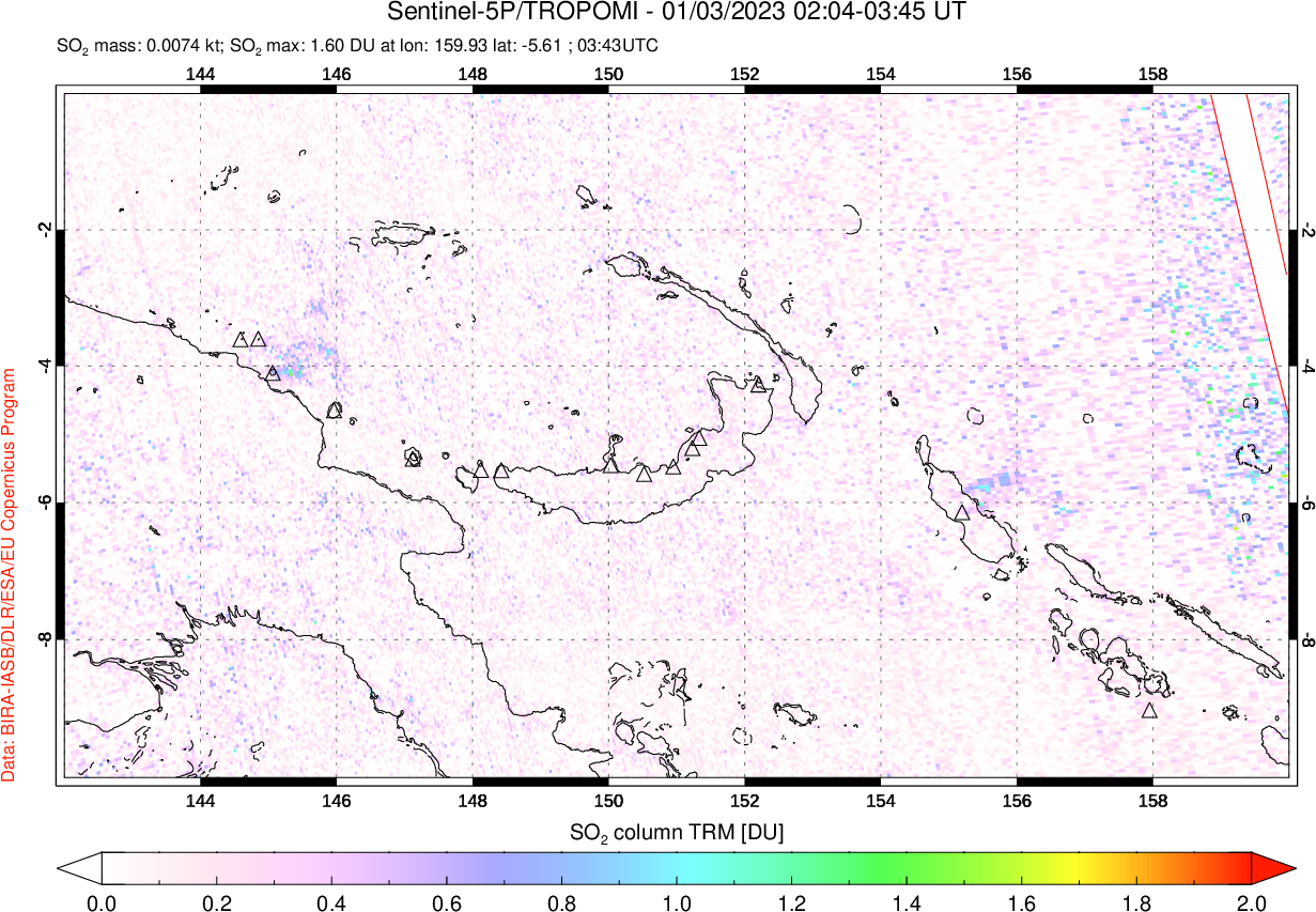 A sulfur dioxide image over Papua, New Guinea on Jan 03, 2023.