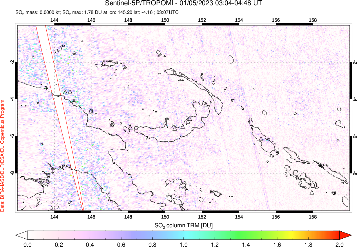 A sulfur dioxide image over Papua, New Guinea on Jan 05, 2023.