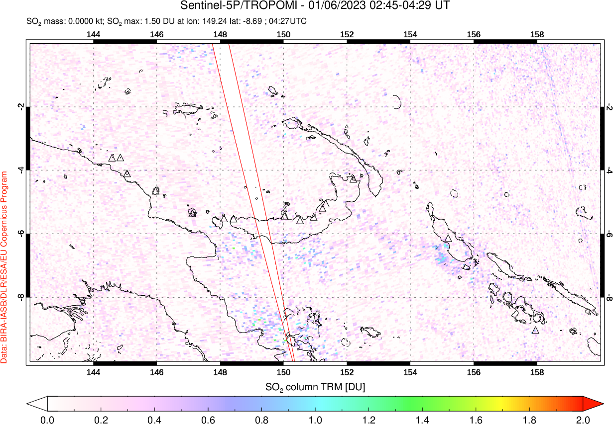A sulfur dioxide image over Papua, New Guinea on Jan 06, 2023.