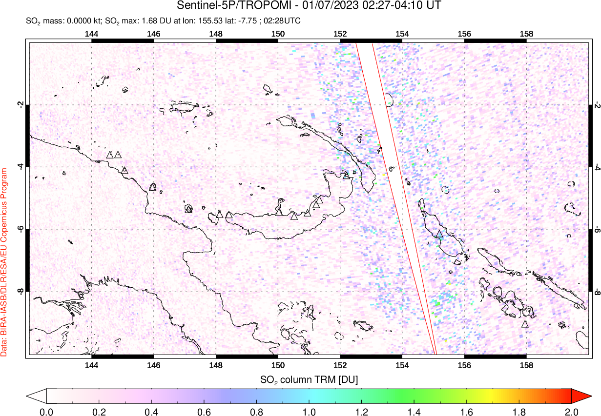 A sulfur dioxide image over Papua, New Guinea on Jan 07, 2023.