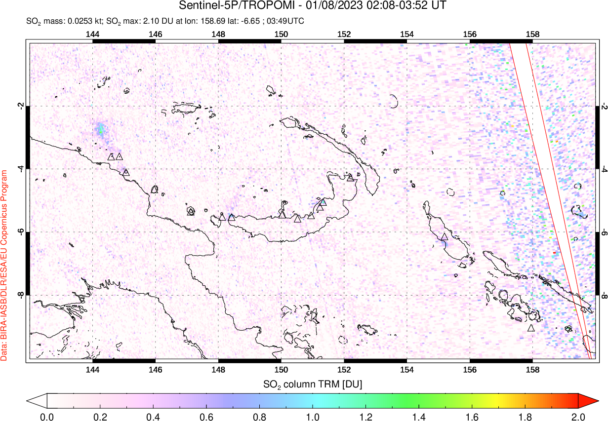 A sulfur dioxide image over Papua, New Guinea on Jan 08, 2023.