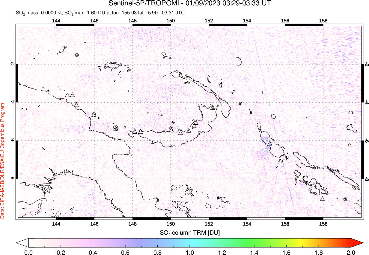 A sulfur dioxide image over Papua, New Guinea on Jan 09, 2023.