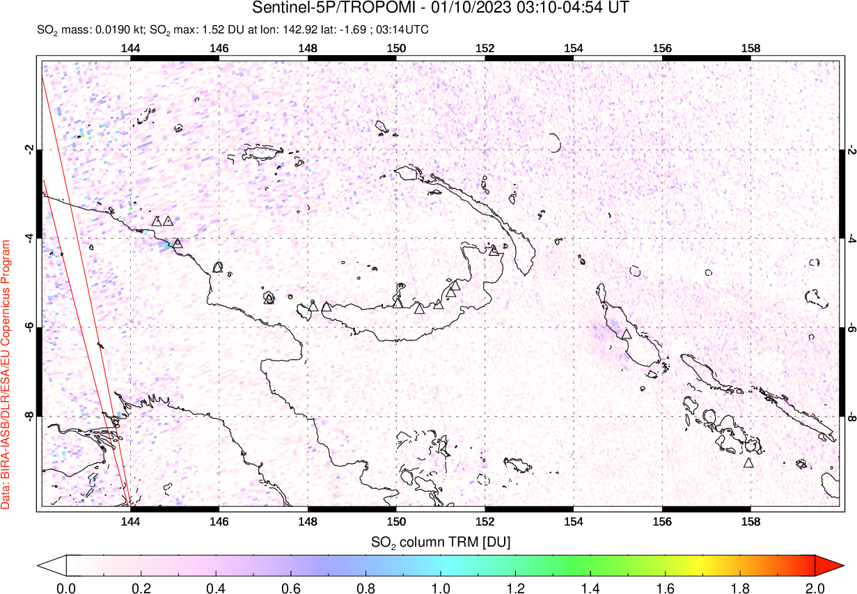 A sulfur dioxide image over Papua, New Guinea on Jan 10, 2023.