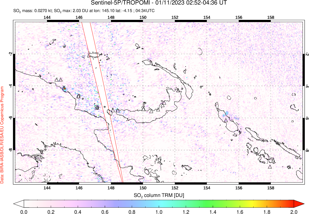 A sulfur dioxide image over Papua, New Guinea on Jan 11, 2023.