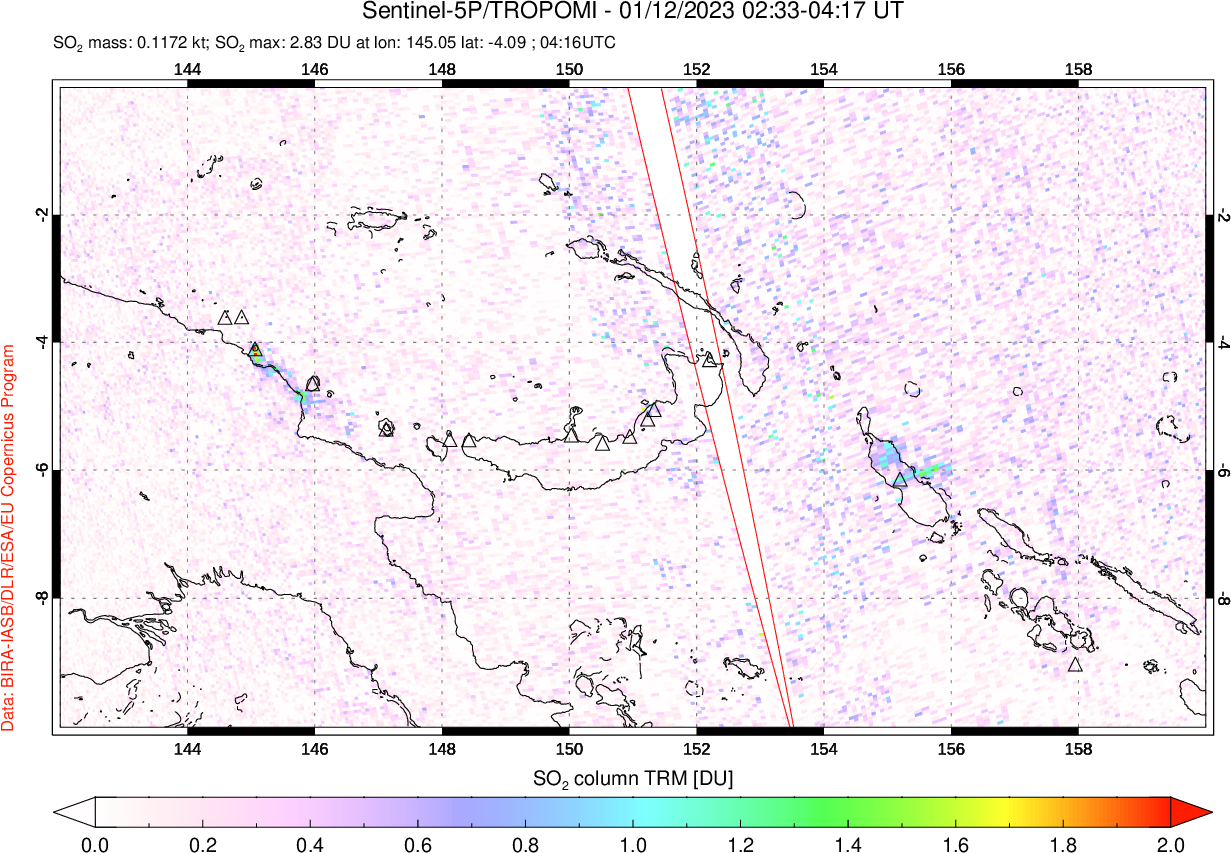 A sulfur dioxide image over Papua, New Guinea on Jan 12, 2023.