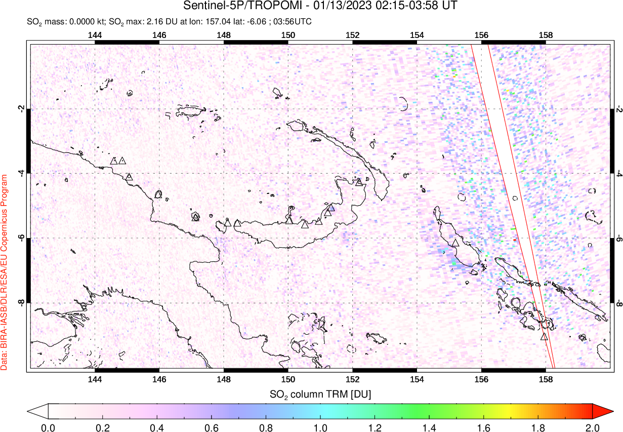 A sulfur dioxide image over Papua, New Guinea on Jan 13, 2023.