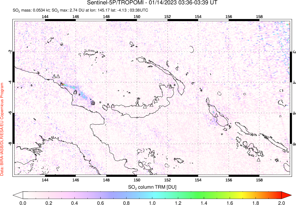 A sulfur dioxide image over Papua, New Guinea on Jan 14, 2023.